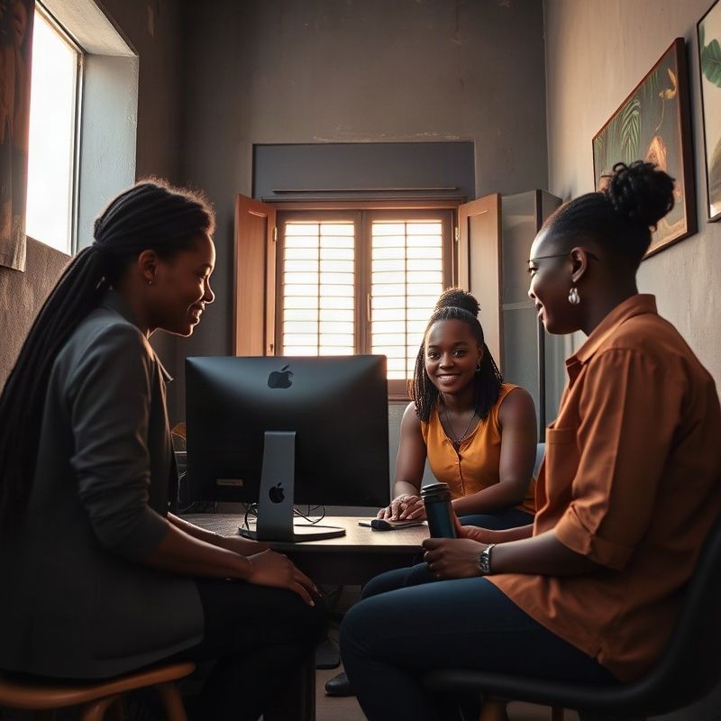 Three-person Pixelyforge team gathered around a monitor in the Malindi studio