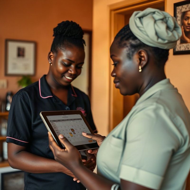 A Malindi clinic receptionist reviewing a booking calendar on a tablet