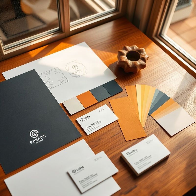 Flat-lay of branding materials, sketches, and colour swatches on a wooden desk