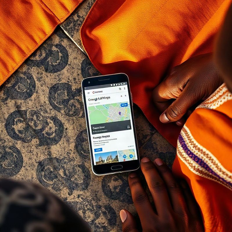 Overhead view of a smartphone showing a Google Maps business listing on a Malindi market counter